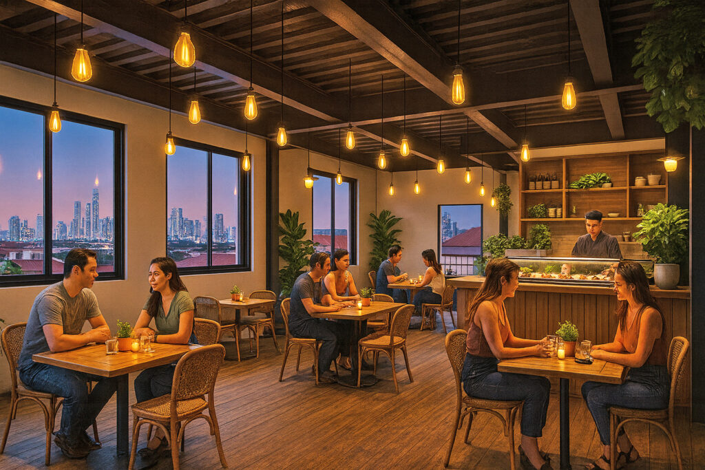 Restaurante moderno con vista urbana